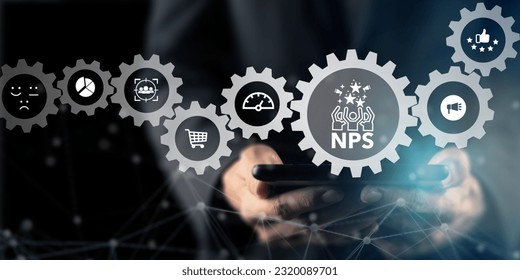 Net Promoter Score (NPS) measuring customer satisfaction and loyalty concept.Tool for measure customer loyalty and improvement products or services. Businessman working NPS on tablet with smart screen