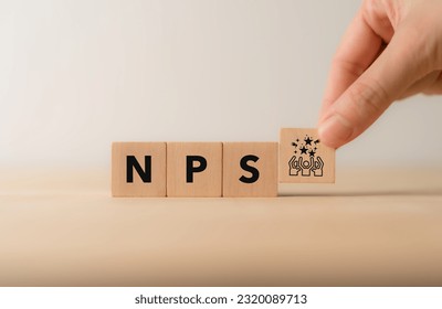 Net Promoter Score (NPS) measuring customer satisfaction and loyalty concept.Tool for measure customer loyalty and improvement products or services. Wooden cube blocks with NPS text and icon. - Shutterstock ID 2320089713