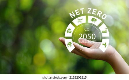 net zero 2050 emissions icon concept in hand for the environment policy animation concept illustration Green renewable energy technology for a clean future environment. - Shutterstock ID 2152205215