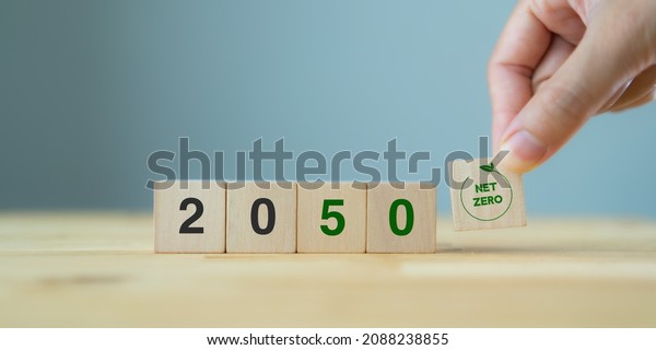 Net zero by 2050. Carbon neutral. Net zero\
greenhouse gas emissions target. Climate neutral long term\
strategy. No toxic gases. Hand puts wooden cubes with net zero icon\
in 2050 on grey background.