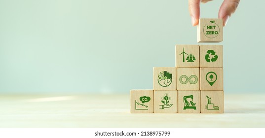 Net zero and carbon neutral concept. Net zero greenhouse gas emissions target. Climate neutral long term strategy.  Stacking wooden cubes with green net zero and save world icon on grey backgroud. - Shutterstock ID 2138975799