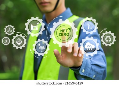 Net Zero And Carbon Neutral Concept.NET ZERO Icons And Symbols Save The Eco World And Reduce Pollution. Environmental Engineering Touching Green Net Zero Icon And Green Icon On A Green Background.
