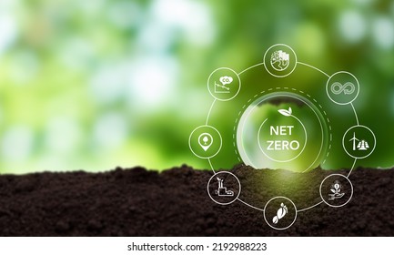 Net Zero And Carbon Neutral Concept. Greenhouse Gas Emissions Target. Low Carbon Emissions. Climate Neutral Long Term Strategy. Limit  Global Warming.  Net Zero On Green View Background.