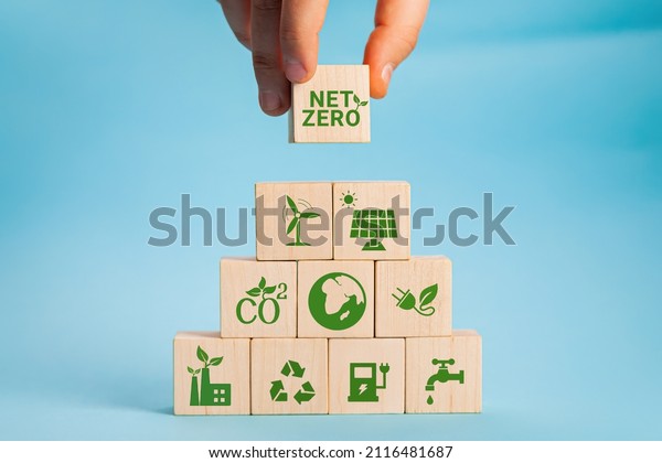 Net zero and carbon neutral concept. Net zero
greenhouse gas emissions target. Climate neutral long term
strategy. Hand put wooden cubes with green net zero icon and green
icon on grey background.
