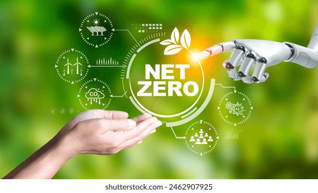 Net zero concept, Robot hand and business hand pointing green energy icon, Applying technology in the organization to lead to net zero emission Idea innovative. green energy blur background. - Powered by Shutterstock