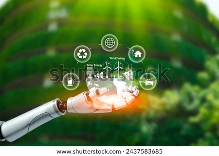Net zero concept, robot hand touching green energy icon represents exchange of artificial intelligence. AI technology Machine learning for data analysis management for carbon and Net zero emission.