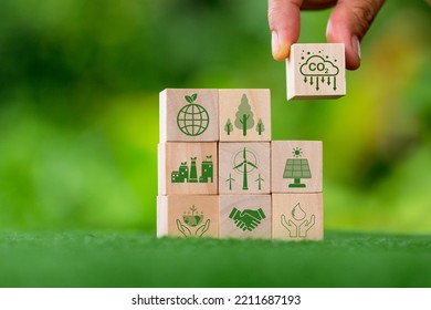 Net Zero Greenhouse Gas Emissions Reduction With Carbon Credit Concept. Reduce Carbon Dioxide E.g. Renewable Energy Production Improve The Efficiency Of Transportation Reduce Environmental Pollution.