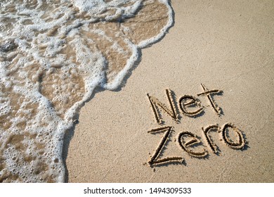 Net Zero message for energy consumption handwritten on smooth sand beach with oncoming wave 
