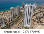 Netanya, Aerial view of the city skyline and coastline buildings