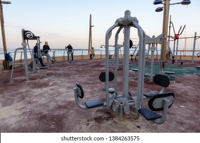 Netanya, Israel - April 3, 2019: Outdoor Gym At The Beach During A Vibrant Sunny Sunrise.