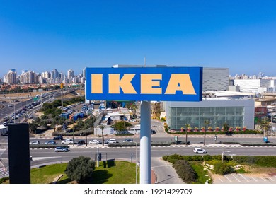 Netanya, Israel - January 24, 2021: Aerial Image Of A Classic IKEA Mega Sign.