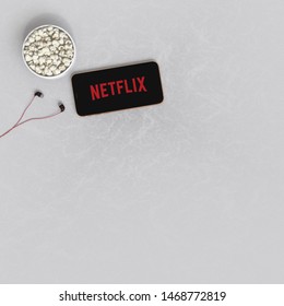 Netflix on Phone, Enjoy with netflix picture on Iphone with easy crop image. White background. On Top Left