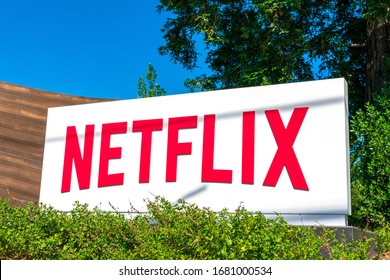 Netflix sign at company headquarters in Silicon Valley. Netflix, Inc. is an American media-services provider and production company - Los Gatos, California, USA - 2020