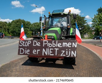 Netherlands - 4 july 2022, Hilversum: Farmers Protest Tractor with banner STOP PROBLEMS THAT ARE NOT THERE