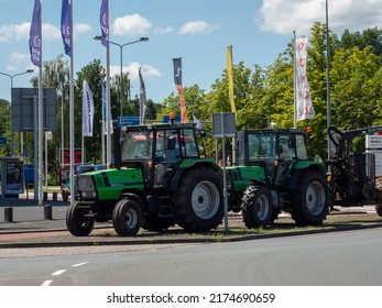 Netherlands - 4 july 2022, Hilversum: Farmers blocking entrance Broadcast and Media centre MEDIAPARK with tractors to protest against nitrogen policy