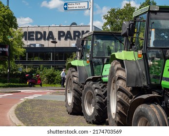 Netherlands - 4 july 2022, Hilversum: Farmers blocking entrance Broadcast and Media centre MEDIAPARK to protest against nitrogen policy