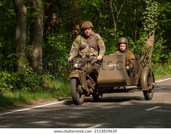 Netherlands - 6 may 2022, Laren: US Military motorcycle\
with sidecar at the Liberation parade with from the end of the\
second world war. 