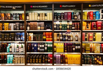 NETHERLANDS, AMSTERDAM, MAY, 29, 2018: Alcohol boutique in Duty Free Shop at Schiphol Amsterdam International Airport