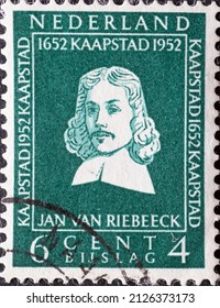 Netherlands - circa 1952: a postage stamp from the Netherlands , showing a portrait of Jan Anthonisz Riebeeck (1619-77) founder of Capetown . 6 cent green