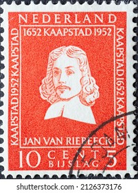 Netherlands - circa 1952: a postage stamp from the Netherlands , showing a portrait of Jan Anthonisz Riebeeck (1619-77) founder of Capetown . 10 cent red