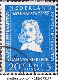 Netherlands - circa 1952: a postage stamp from the Netherlands , showing a portrait of Jan Anthonisz Riebeeck (1619-77) founder of Capetown . 20 cent blue