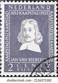 Netherlands - circa 1952: a postage stamp from the Netherlands , showing a portrait of Jan Anthonisz Riebeeck (1619-77) founder of Capetown . 2 cent grey