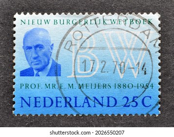 NETHERLANDS - CIRCA 1970 : Cancelled Postage Stamp Printed By Netherlands, That Shows Portrait OfProfessor Eduard M. Meijers (author Of Burgerlijk Wetboek), Circa 1970.