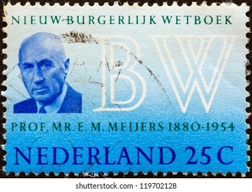 NETHERLANDS - CIRCA 1970: A Stamp Printed In The Netherlands Issued For The Introduction Of New Netherlands Civil Code Shows Professor Eduard M. Meijers (author Of Burgerlijk Wetboek), Circa 1970.