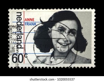 NETHERLANDS - CIRCA 1980: Canceled Postal Stamp Printed In The Netherlands (Holland) Shows Jewish Girl Anne Frank(12 Jun 1929–Feb-Mar 1945),35th Anniversary Of Liberation From The Germans, Circa 1980.