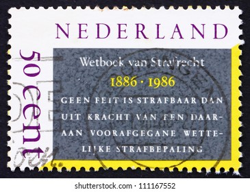 NETHERLANDS - CIRCA 1986: A Stamp Printed In The Netherlands Shows Dutch Penal Code, Centenary, Circa 1986