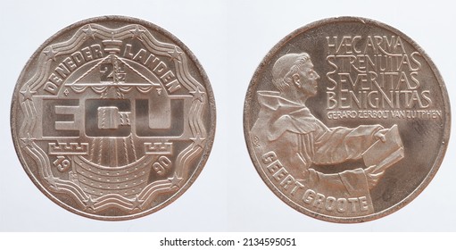 Netherlands - Circa 1990: A 2.5 ECU Coin Of The Netherlands With A Portrait Of The Theologian And Penitential Preacher Geert Groote Or Gerardus Magnus 