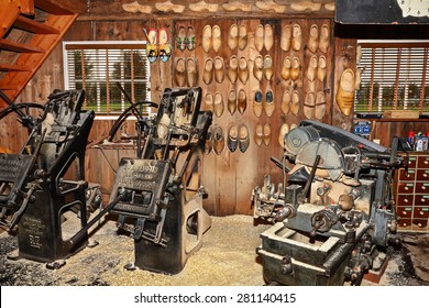 NETHERLANDS - OCTOBER, 09, 2014 : Authentic Dutch shop for production and sale of dutch traditional  wood footwear (wooden shoes - klompen,clogs) which is a symbol of Holland.Zaanse schans,Netherlands