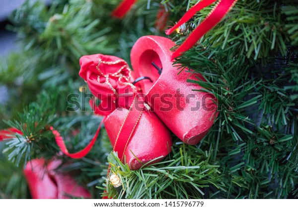 Netherlands Red Shoes Christmas Decorations Trees Stock Photo