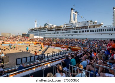 NETHERLANDS, ROTTERDAM - July 5th 2016: at the Beach stadium during the World Cup Beach Volleyball , Beach Volleyball stadium in front of the SS Rotterdam cruise ship