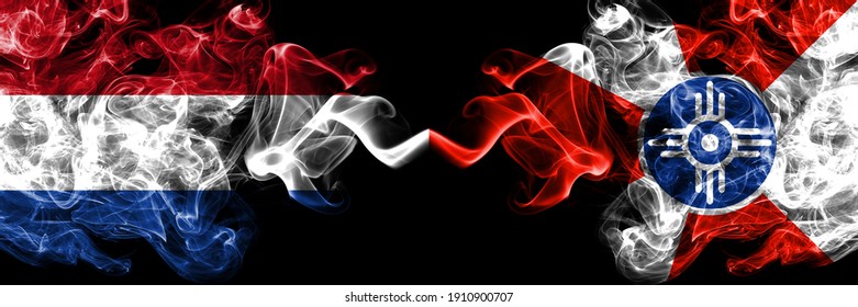 Netherlands vs United States of America, America, US, USA, American, Wichita, Kansas smoky mystic flags placed side by side. Thick colored silky abstract smoke flags.