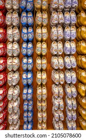 Netherlands, Zaanse Schans - September 23, 2021: Klomps store. Many rows of shoes are located on the counter