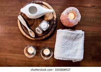 Neti Pot, Ayurvedic System For Cleaning Nose With Water And Pink Salt From Hymalaia, Set With Towel, Pink Hymalaian Salt Lamp And Other Candle, Spoon And Mason Jar With Salt