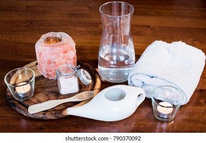 Neti Pot, Ayurvedic System For Cleaning Nose With Water And Pink Salt From Hymalaia, Set With Towel, Pink Hymalaian Salt Lamp And Other Candle, Spoon And Mason Jar With Salt, Water Jug