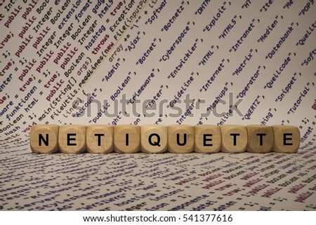netiquette - cube with letters and words from the computer, software, internet categories, wooden cubes