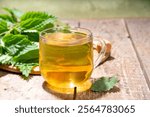 Nettle Tea hot plant drink in transparent glass cup. Organic natural herbal tea without caffeine, made with organic raw nettle leaves. Alternative herbal medicine. Stinging nettles, urtica.