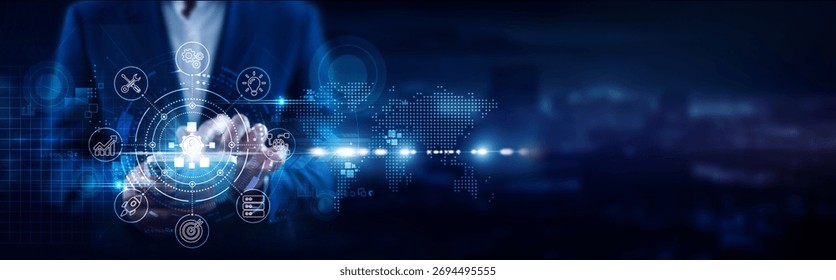 Network Administration, Businessman using mobile smartphone and IT infrastructure connecting data servers, cloud networks, security protocols, performance monitoring, firewalls, troubleshooting.