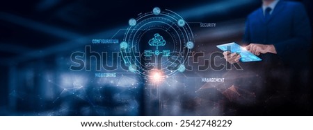 Network Administration: Businessman using tablet analyzing network administration record on tablet. Network connection on modern virtual screen interface, cybersecurity, technology and network.