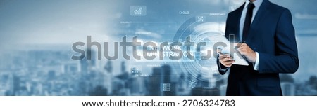Network Administration, businessman using tablet analyzing network traffic data and system performance network. Real-time monitoring solutions, efficient data routing protocols