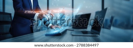 Network administration concept. Hand touching enterprise network administration platforms, configuration connection on virtual screen performance monitoring connectivity devices optimization workflow system management.