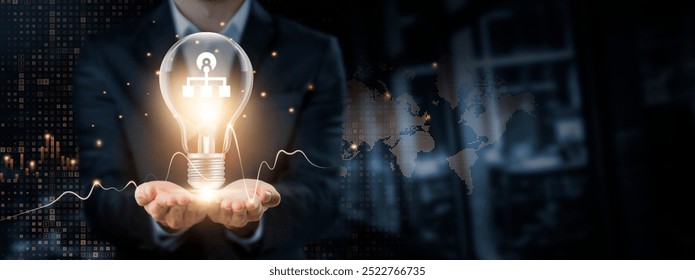 Network Administration: Connectivity Concept. Hands of Businessman Holding Light Bulb and Network Administration with Data Network Digital Technology. Managing Infrastructure, Ensuring Security.