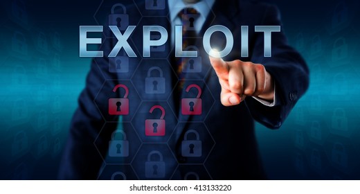 Network administrator touching EXPLOIT on an interactive screen. Business metaphor and information technology concept for software or commands taking advantage of program flaws and security holes.