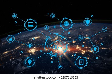 Network Big Data,Communication technology for internet business. Global world network and telecommunication on earth and IoT. Elements of this image furnished by NASA