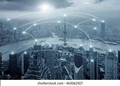 Network Business Conection Concept - Network Business Conection System On Cityscape Background

