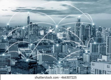 Network Business Conection Concept - Network Business Conection System On Cityscape Background
