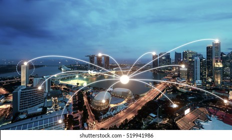 Network Business Conection System On Singapore Smart City Scape In Background.Network Business Conection Concept 